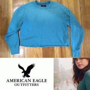 NWOT AEO SLOUCHY CROPPED CREW FLEECE TOP. TEAL. S